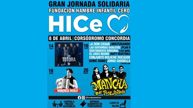 El sábado 8 de abril desde las 14 en el Corsódromo de Concordia habrá un recital gratuito organizado por fundación HICE Hambre Infantil Cero.