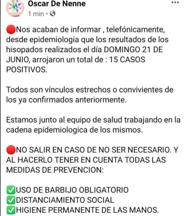 Carreras registró 15 nuevos casos de coronavirus en un solo día y llegó a 34 en total