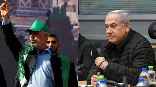 El líder de Hamas en Gaza Yahya Sinwar y el primer ministro israelí Benjamin Netanyahu.