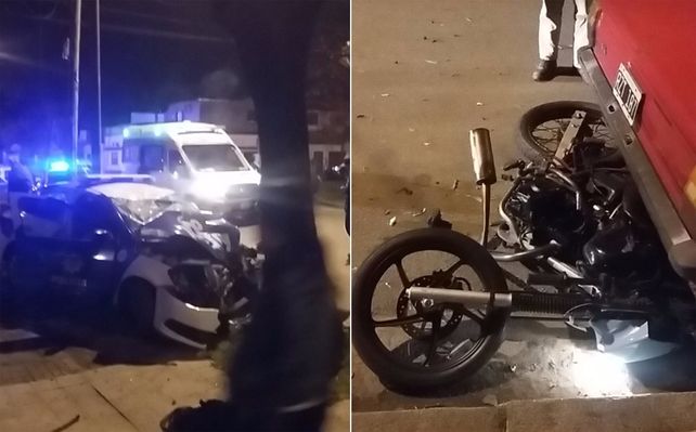 El móvil del Comando y la moto involucrados esta noche en el accidente.