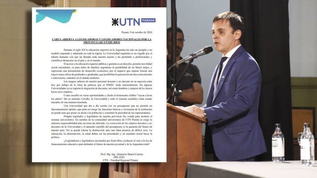 Decano de la UTN Paraná realizó una carta abierta a legisladores nacionales entrerrianos
