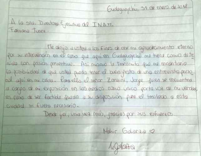 De puño y letra. Nahir quiere hablar con la funcionaria nacional para explicarle su situación.