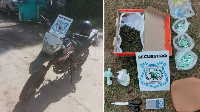 La moto y la droga secuestrada en el operativo en barrio San Lorenzo.