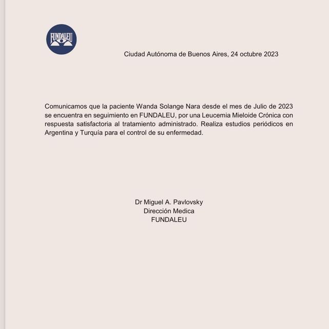 La carta de FUNDALEU que Wanda Nara compartió en redes, donde se confirma su diagnóstico y un tratamiento favorable