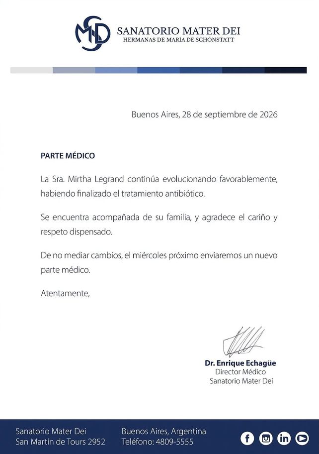 El parte médico difundido por el Sanatorio Mater Dei