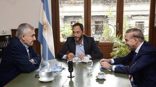 Los presidentes de los partidos de Juntos por el Cambio, Gerardo Morales (UCR), Maximiliano Ferraro (CC) y Miguel Angel Pichetto (ERF).