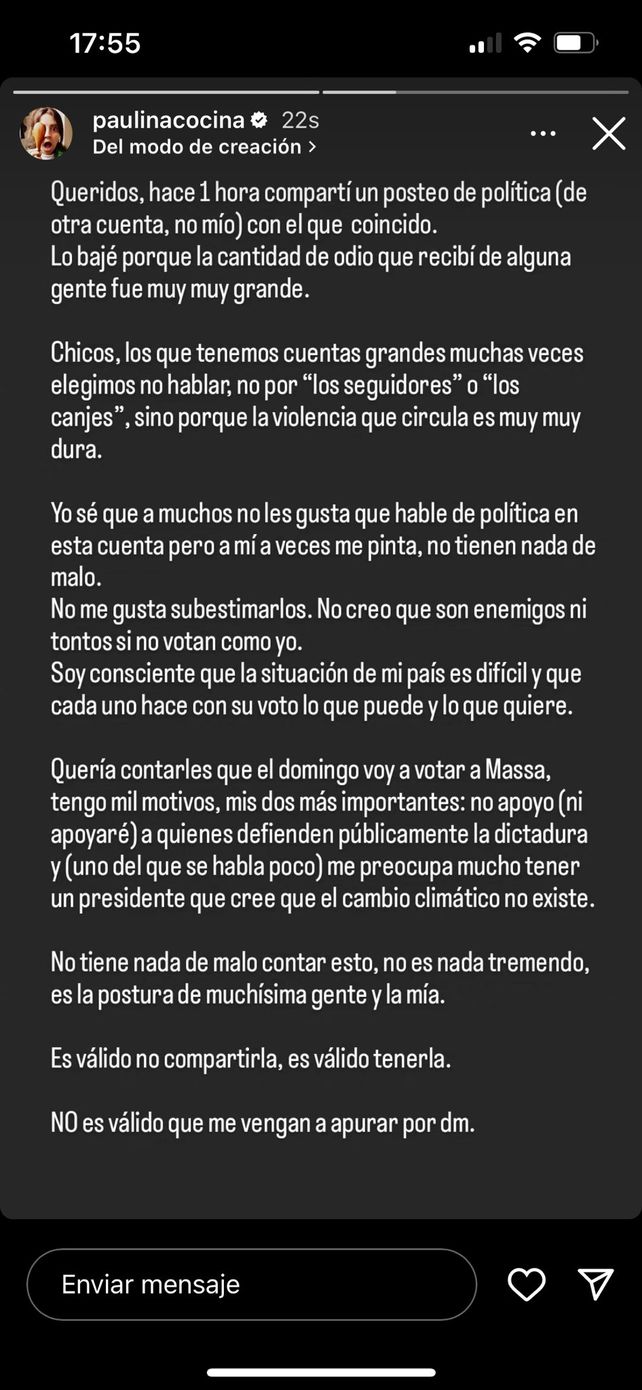 La publicación de Paulina Cocina en la que llamó a reflexionar sobre la convivencia en redes.&nbsp;