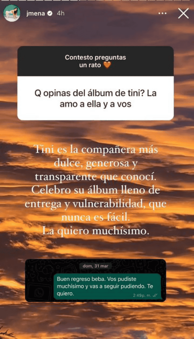 La historia de Instagram con la que Jimena Barón bancó a Tini Stoessel en medio de los debates por su disco nuevo.