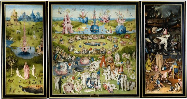 Tríptico de El Jardín de las Delicias, pintado en 1490. Es la creación más compleja y enigmática de El Bosco. 