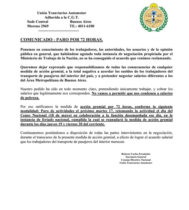 Los choferes van al paro por 72 horas: no habrá colectivos martes, jueves y viernes