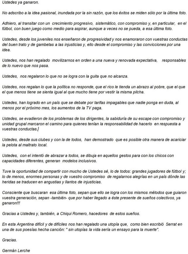 Germán Lerche reapareció con una carta pública a la Selección Argentina