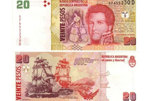 La figura de Rosas y una litografía de la Batalla de la Vuelta de Obligado fueron incorporadas en el billete de 20 pesos en 1992.