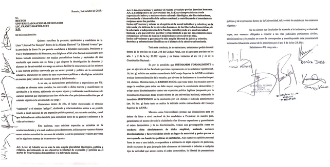 Referentes locales de Milei exigen que no se cierre la UNR por el acto de esta tarde