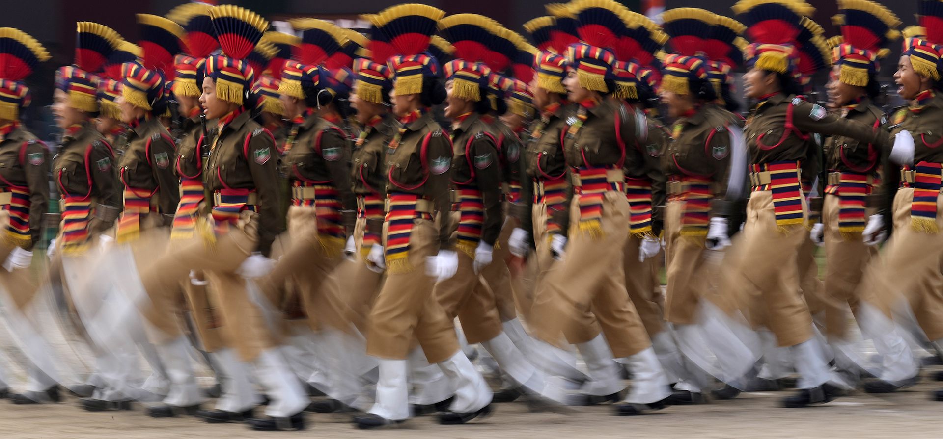 Batallón de policía de Assam marcha durante el desfile del Día de la República en Guwahati, India, el viernes 26 de enero de 2024. (Foto AP/Anupam Nath) Batallón de policía de Assam marcha durante el desfile del Día de la República en Guwahati, India, el viernes 26 de enero de 2024. (Foto AP/Anupam Nath)