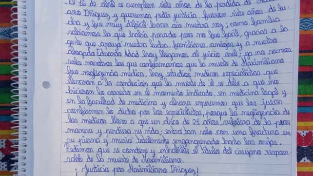 El texto que María Alejandra plasmó en un cuaderno los compartió con La Capital. El viernes se cumple siete años del fallecimiento de Maxi.
