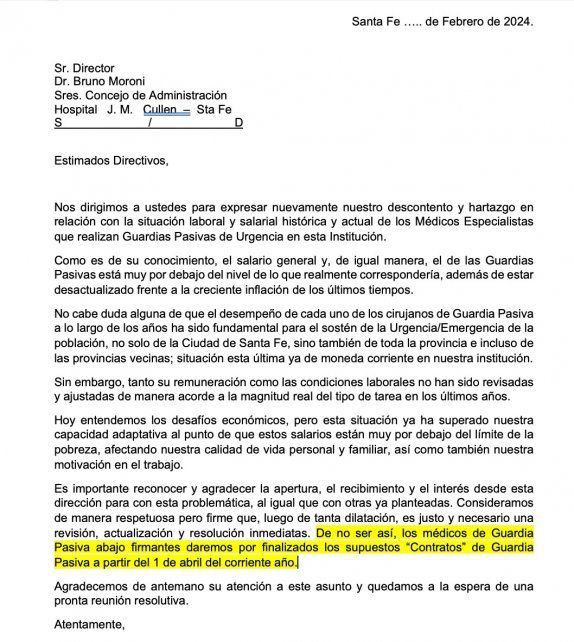 Cullen: cerca de 10 especialidades médicas podrían quedar sin guardias pasivas desde abril
