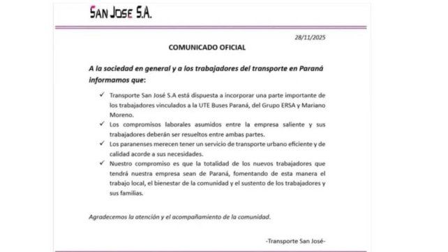 Transporte: San José afirmó que incorporará una parte importante del personal de Buses Paraná