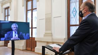 El gobernador de Santa Fe en videoconferencia con el presidente Alberto Fernández.