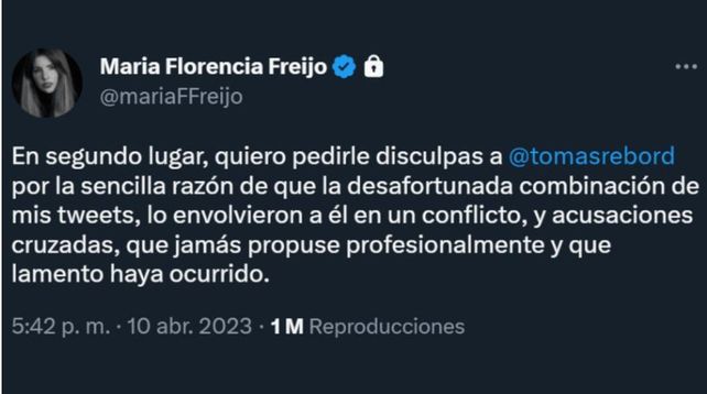 El tuit donde Flor Freijo se disculpó con Tomás Rebord. 
