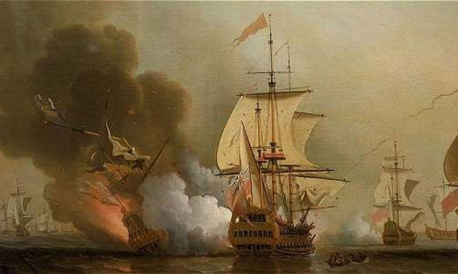 Pintura del siglo XVIII que ilustra el desigual combate entre el gale&oacute;n San Jos&eacute; y la escuadra inglesa que lo hundi&oacute;.