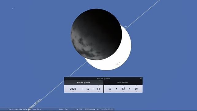 Momento del Medio del Eclipse según un programa libre de simulación del cielo llamado Stellarium.org.