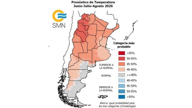 El pronóstico de temperaturas para este invierno según el informe elaborado por el Servicio Meteorológico Nacional.&nbsp;