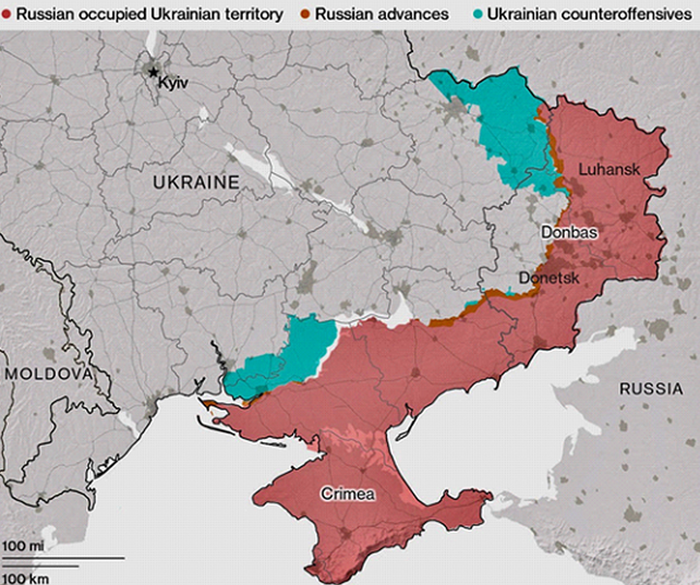 El mapa de las operaciones. En verde, las regiones recuperadas por Ucrania. La península de Crimea, en el extremo sur, sería el objetivo más ambicioso de la inminente ofensiva de Kiev.