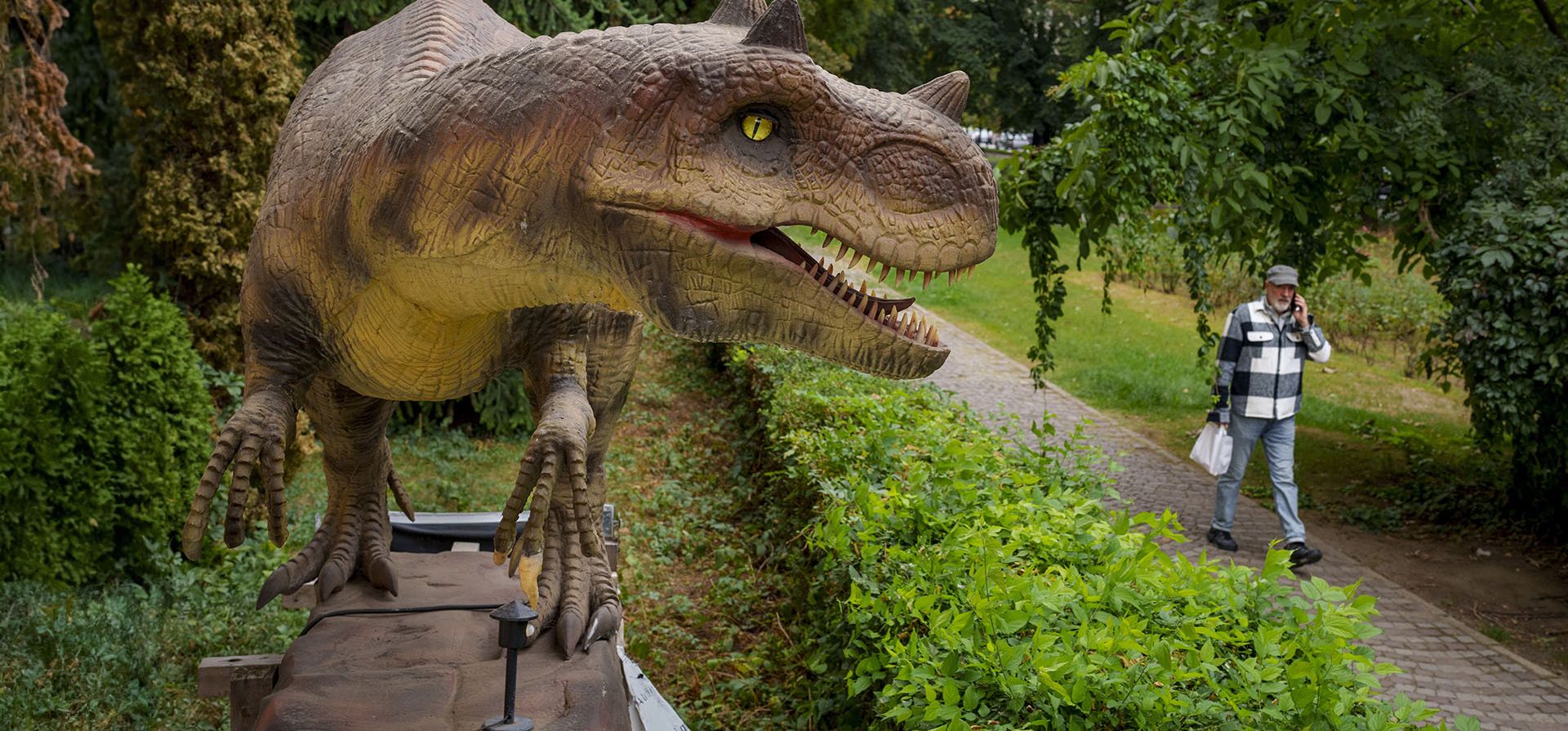 Un hombre camina junto a un modelo animado de un dinosaurio, parte de un Dino Park, afuera del Museo Geológico Nacional en Bucarest, Rumania, el lunes 16 de septiembre de 2024. (Foto AP/Andreea Alexandru) Un hombre camina junto a un modelo animado de un dinosaurio, parte de un Dino Park, afuera del Museo Geológico Nacional en Bucarest, Rumania, el lunes 16 de septiembre de 2024. (Foto AP/Andreea Alexandru)