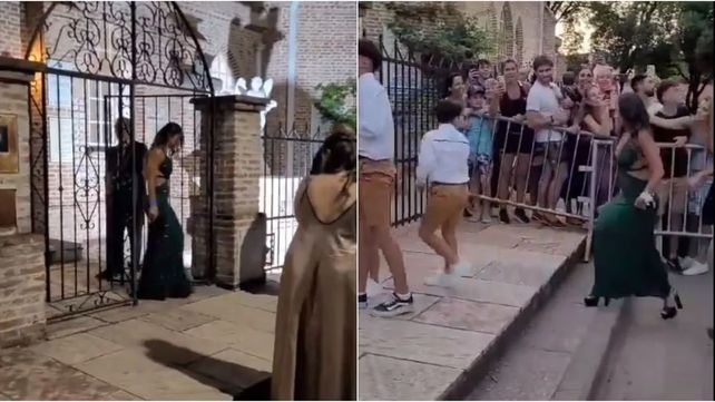 Antonela Roccuzzo junto a sus hijos ingresando a una iglesia de Fisherton donde se realizó la ceremonia del casamiento de su hermana Carla.