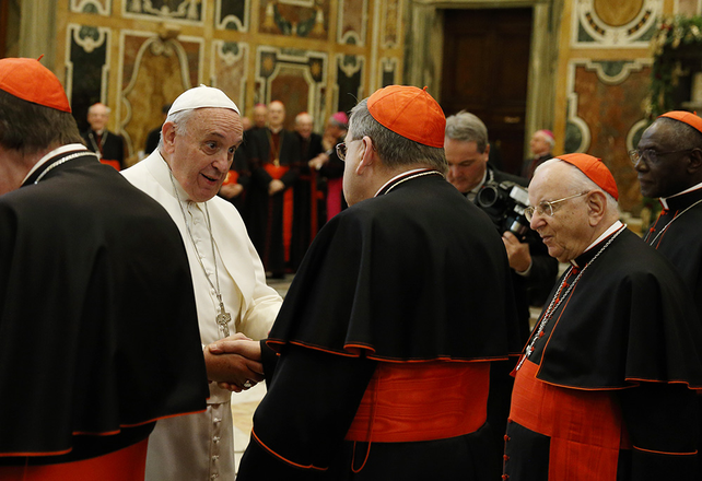 El Papa saluda al cardenal Burke durante una audiencia navide&ntilde;a en diciembre de 2014.