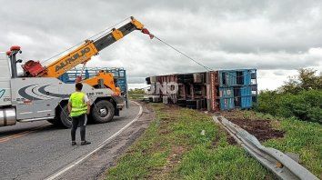 Un camión jaula con animales volcó en autopista Santa Fe-Rosario. 