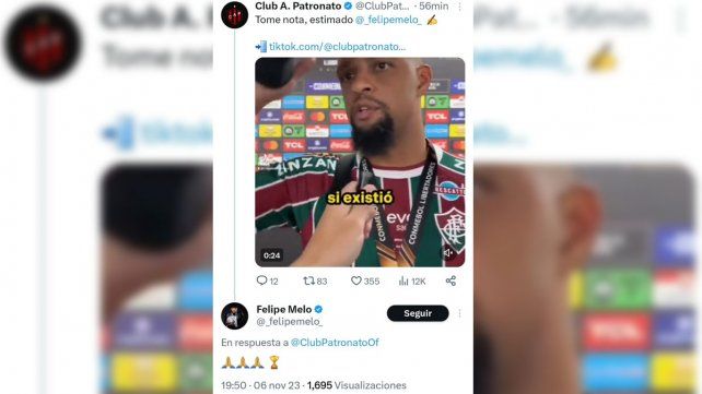 El tuit de Patronato que respondió Felipe Melo.