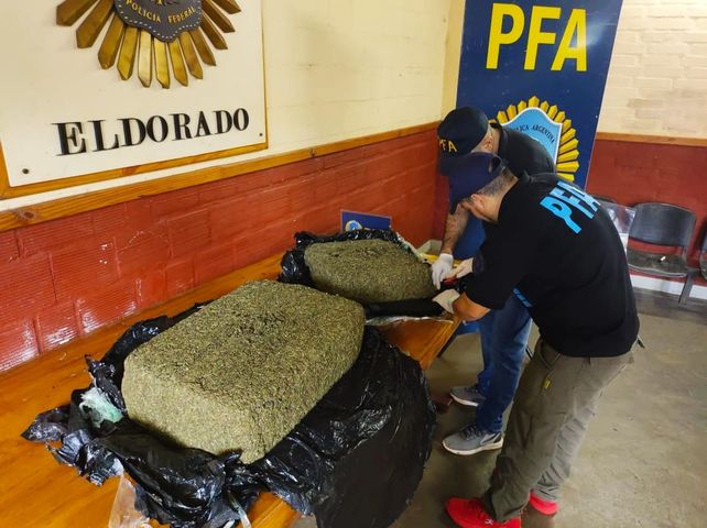 Agentes de la Policía Federal revisan parte del envío decomisado
