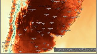 Mapa de las temperaturas máximas en la zona central del país. El clima tan seco y caliente es inusual a esta altura del año.&nbsp;