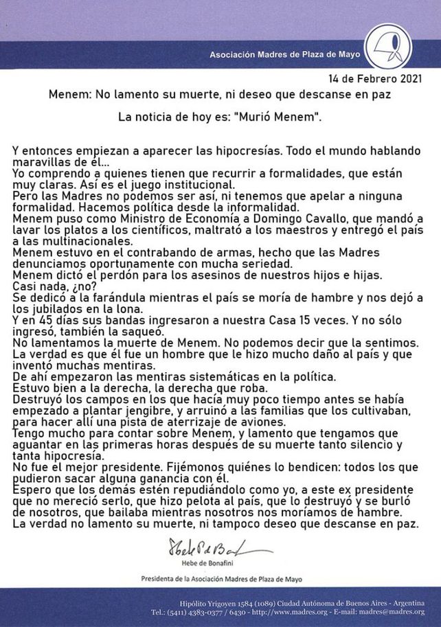 Bonafini sobre la muerte de Carlos Menem: No lo lamento ni deseo que descanse en paz