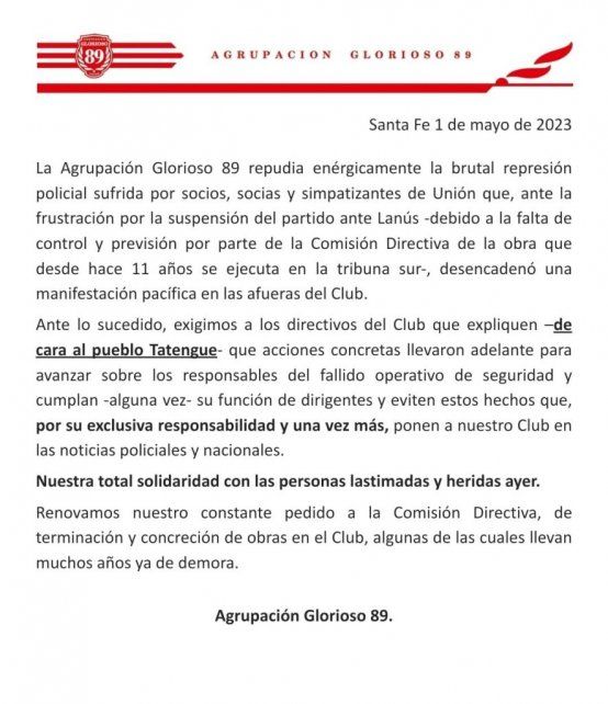 El comunicado de Glorioso 89 por lo ocurrido en Unión
