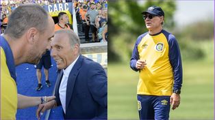 Miguel Angel Russo y Matías Lequi se saludan en la previa del último Central-San Lorenzo. Holan ya esperaba su turno.