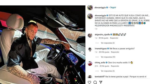 Alex Caniggia mostró su auto de lujo con un polémico mensaje: Al pobre...