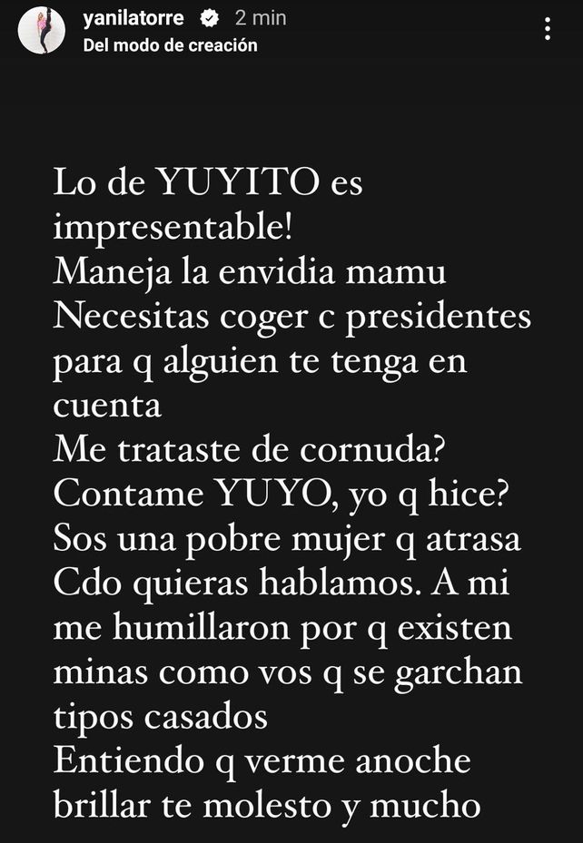 Yanina arremetió contra Yuyito en una historia de Instagram
