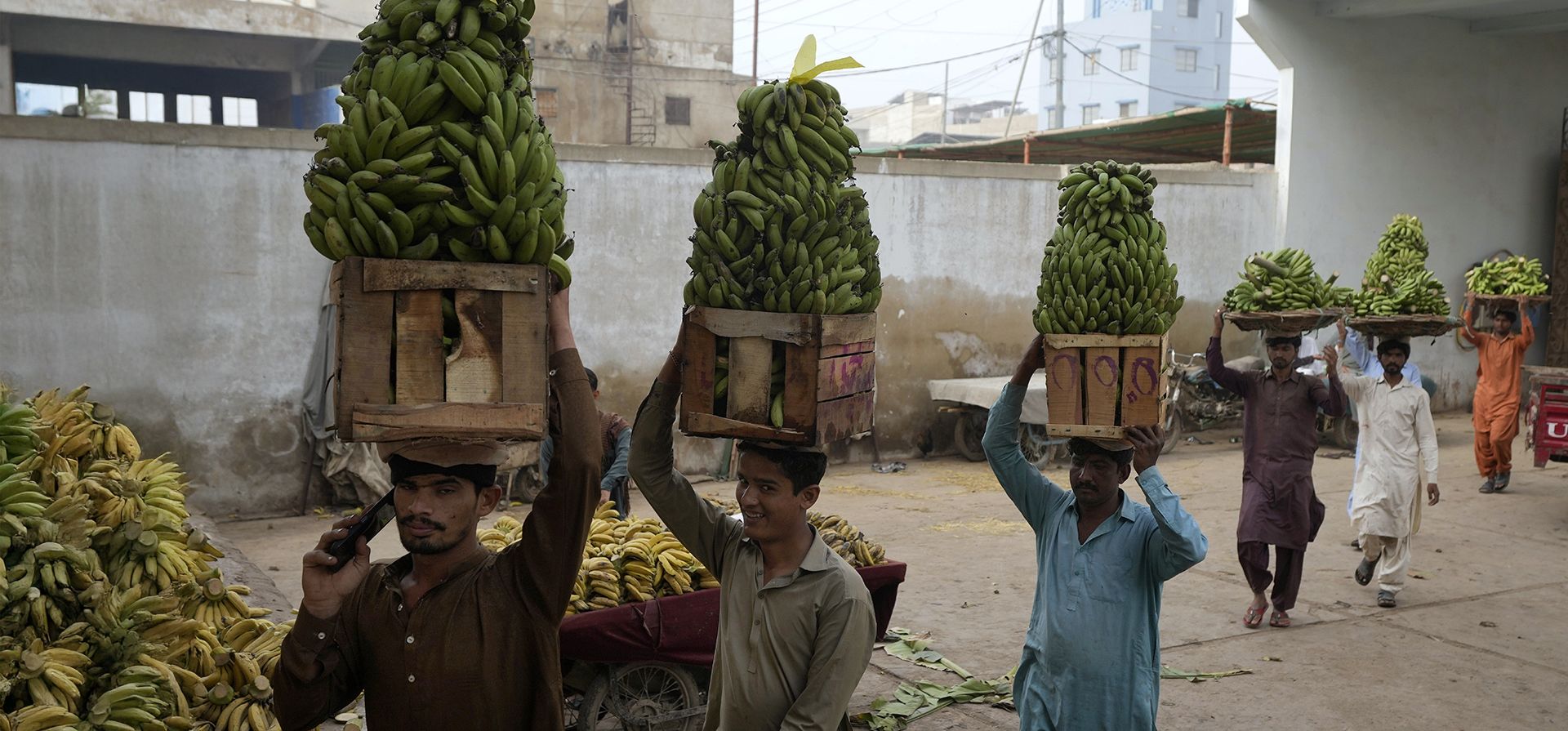 Trabajadores llevan racimos de plátanos para subastarlos en un mercado mayorista de frutas, en Karachi, Pakistán, el miércoles 26 de febrero de 2025. (Foto AP/Fareed Khan) Trabajadores llevan racimos de plátanos para subastarlos en un mercado mayorista de frutas, en Karachi, Pakistán, el miércoles 26 de febrero de 2025. (Foto AP/Fareed Khan)