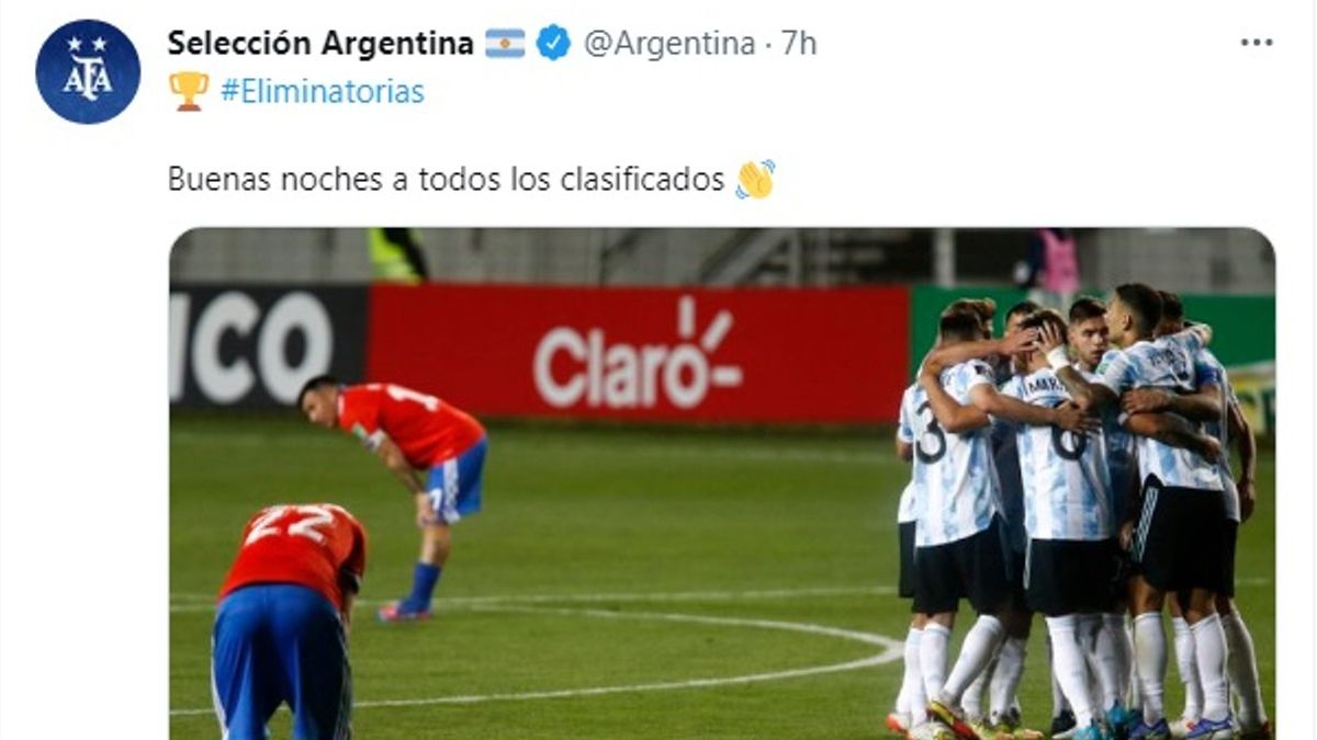 La selección ironizó en Twitter sobre el triunfo argentino en Chile: Buenas  noches a todos los clasificados