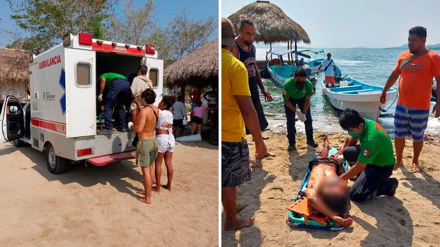 A la izquierda, una ambulancia transporta a uno de los turistas atacados; y a la derecha, uno de los argentinos es atendido por paramédicos.