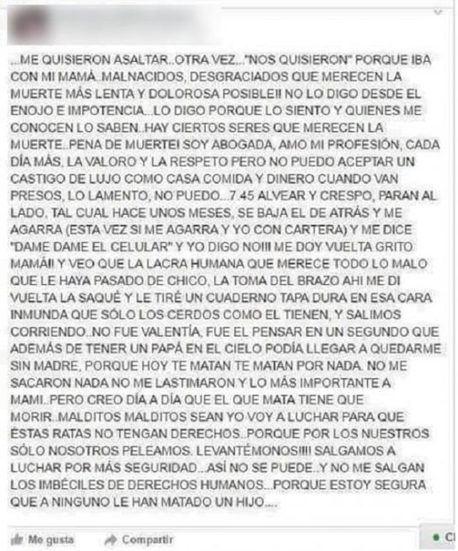 Una profesora pidió desde Facebook una muerte lenta y dolorosa para los delincuentes