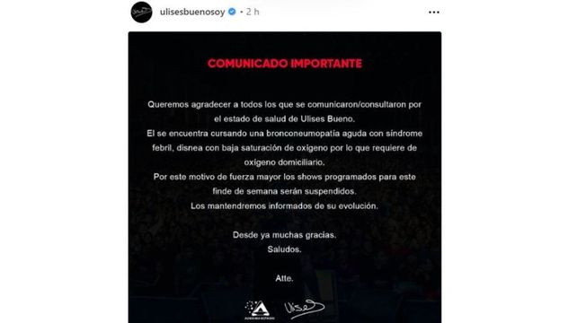Ulises Bueno generó preocupación por su salud al cancelar varias presentaciones