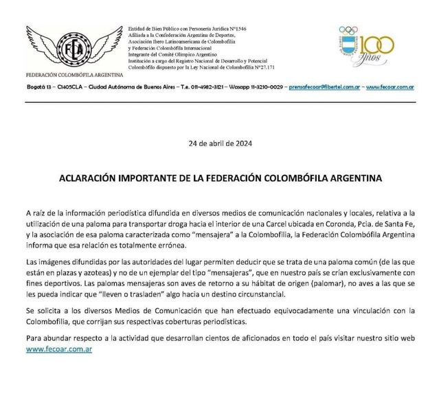 El descargo de la Federación Colombófila Argentina, institución que nuclea a los criadores de palomas mensajeras