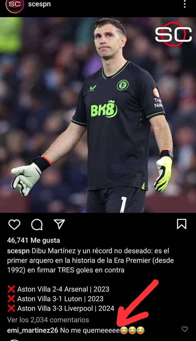 La reacción de Dibu Martínez a una publicación sobre su récord de goles en contra