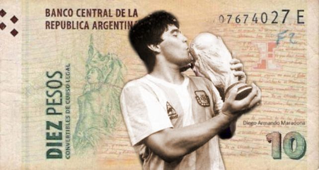 Proponen que Maradona reemplace a Belgrano en el billete de diez pesos