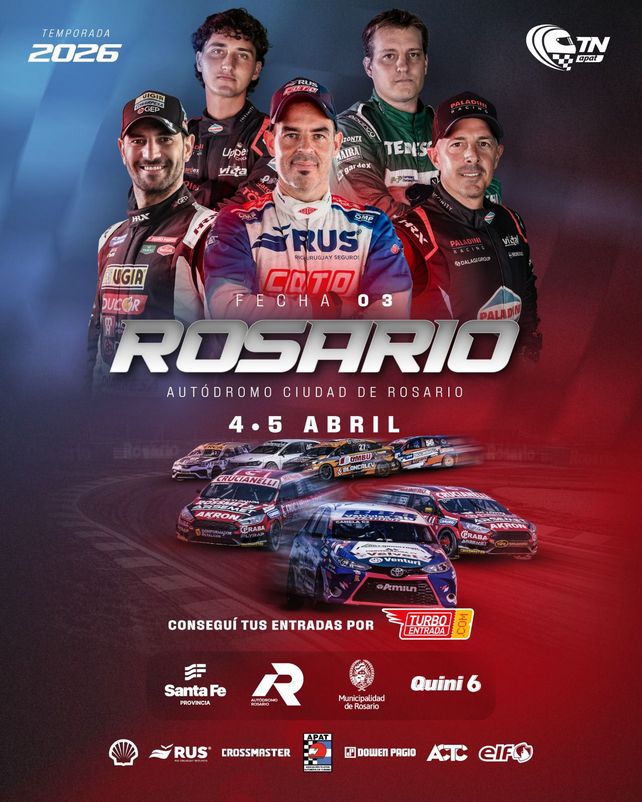 El flyer de presentación del TN, con varios pilotos dela región de la Clase 3: arriba el rosarino Santino Balerini y el rosense Lucas Tedeschi, y abajo el parejense Facundo Ardusso, el baigorriense Leo Larrauri y el bermudense Fabián Yannantuoni.