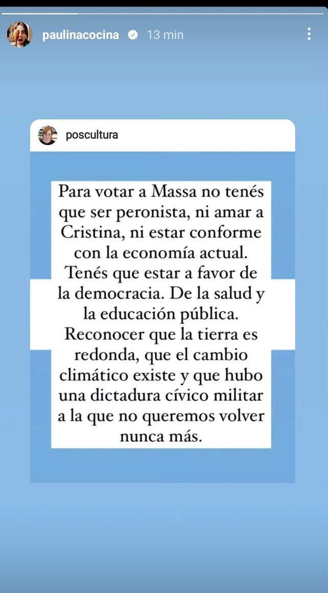 La historia de Instagram que Paulina Cocina eliminó tras recibir amenazas.&nbsp;