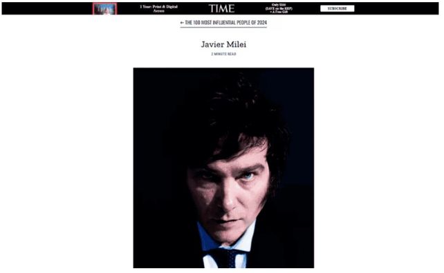 Javier Milei, entre las 100 personas más influyentes del mundo según la revista Time: Ícono de la derecha Javier Milei, entre las 100 personas más influyentes del mundo según la revista Time: Ícono de la derecha